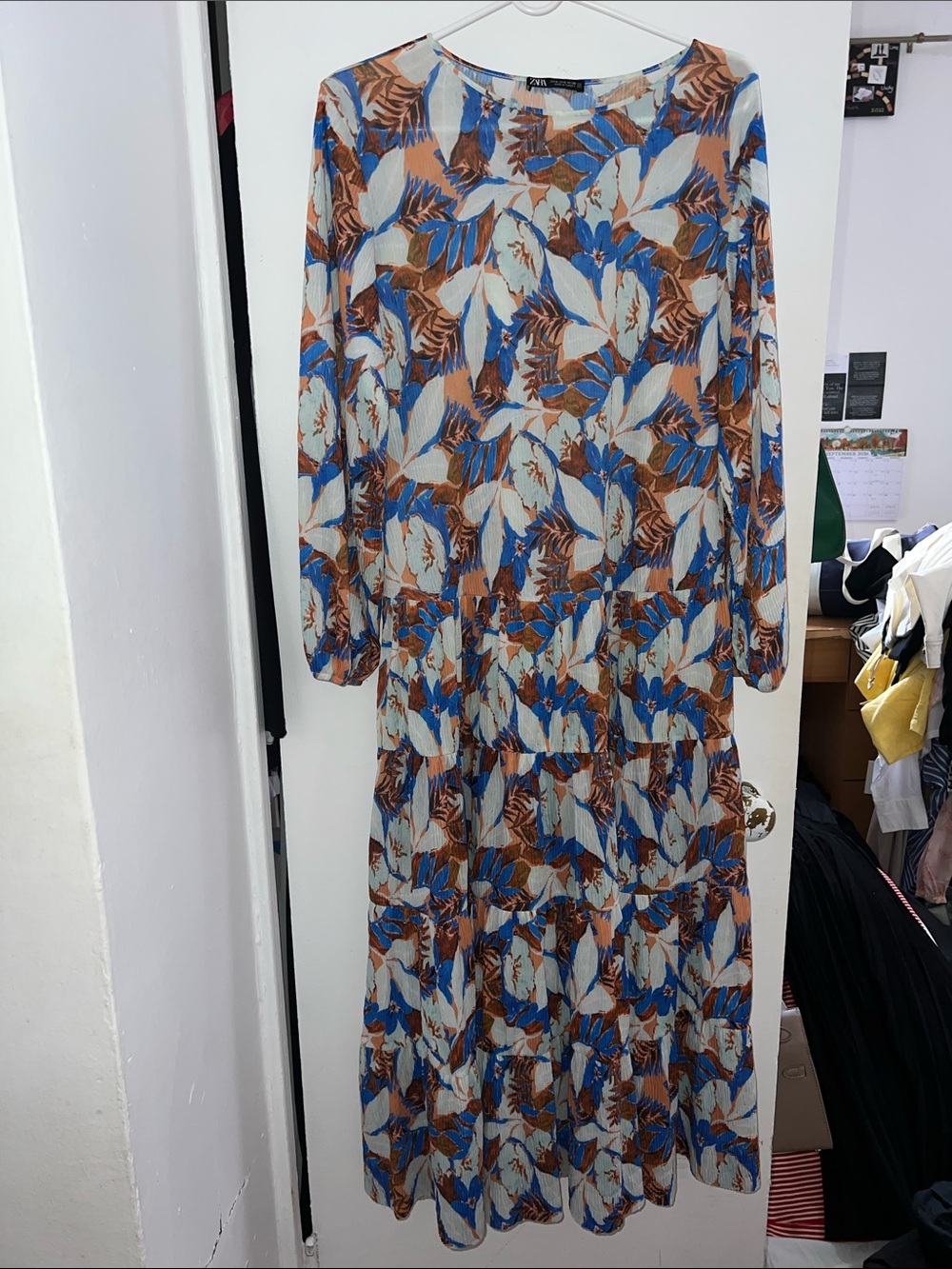 Zara Blue & Brown Floral Tiered Maxi Dress